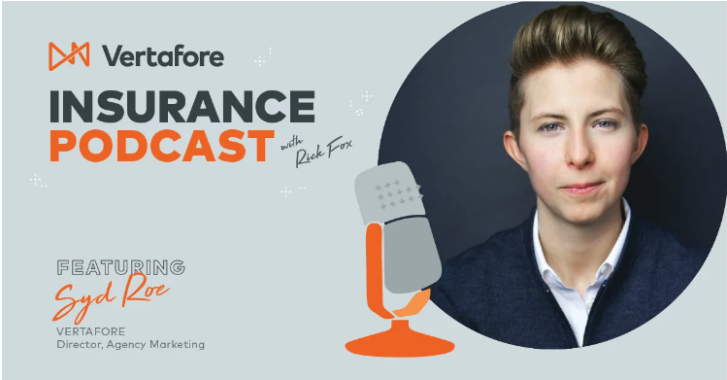 Picture with light gray background that includes a microphone, a picture of a woman with short blond hair, and the text "Vertafore Insurance Podcast"