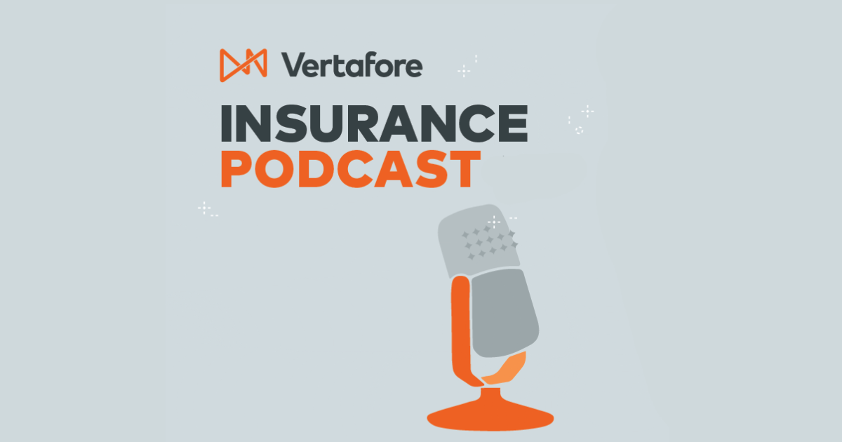 Gray background, orange and gray microphone, words: Vertafore Insurance Podcast