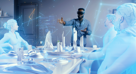 Man wearing 3d goggles working in the metaverse