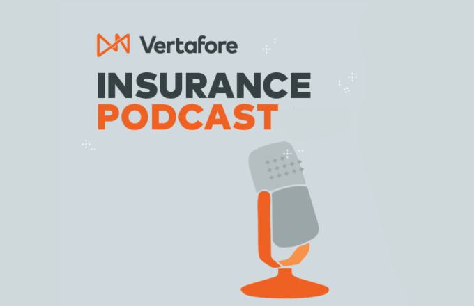Gray background, orange and gray microphone, words: Vertafore Insurance Podcast