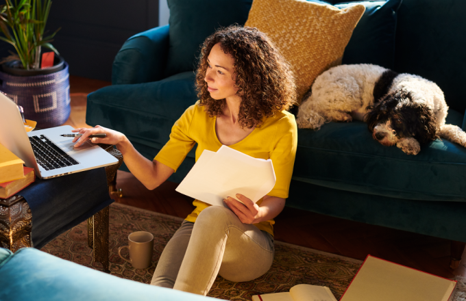Woman at home with dog