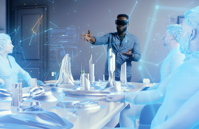 Man wearing 3d goggles working in the metaverse