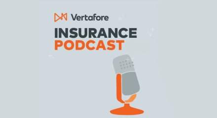 Gray background, orange and gray microphone, words: Vertafore Insurance Podcast