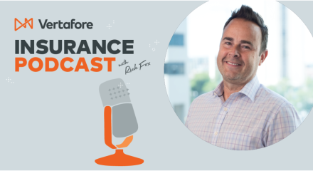 Picture on gray background of microphone, smiling man, and the text "Vertafore Insurance Podcast with Rick Fox"