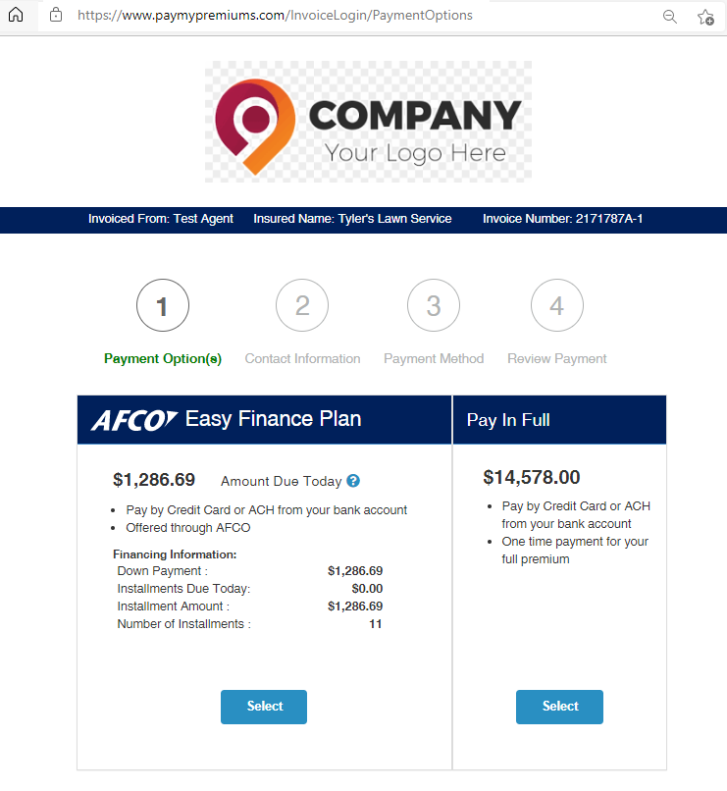 AFCO - PMP Payment Options screenshot