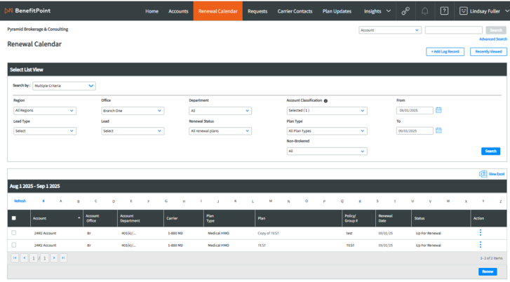 BenefitPoint renewal calendar screenshot