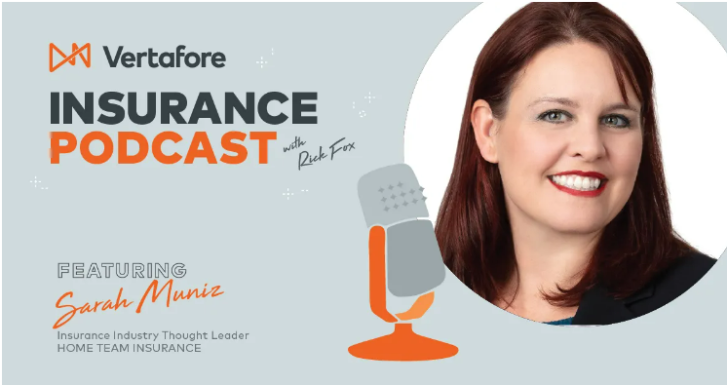 Picture with light gray background that includes a microphone, a picture of a woman with long, dark hair, and the text "Vertafore Insurance Podcast"
