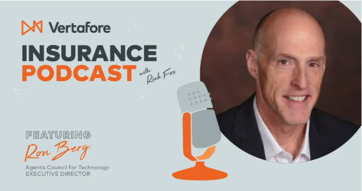 Picture with light gray background that includes a microphone, a picture of a bald man, and the text "Vertafore Insurance Podcast"