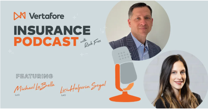 Picture with light gray background that includes a microphone, a picture man with short hair and a woman with long, brown hair, and the text "Vertafore Insurance Podcast"
