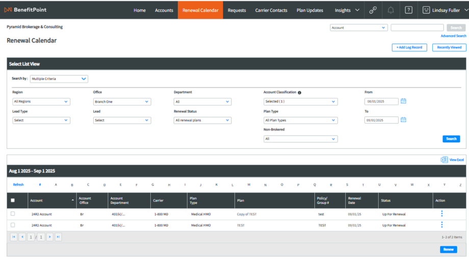 BenefitPoint renewal calendar screenshot